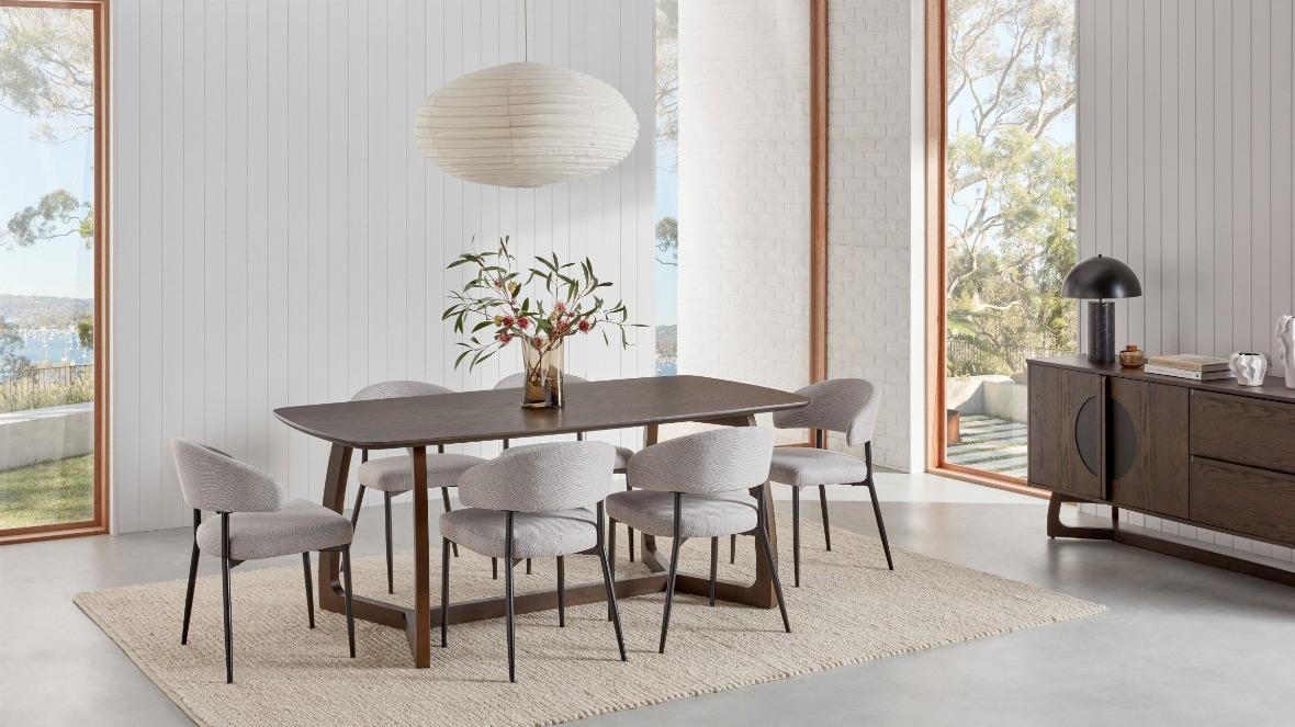 Malibu 7-Piece Dining Table Set - Granite with Silver Fabric Chairs 