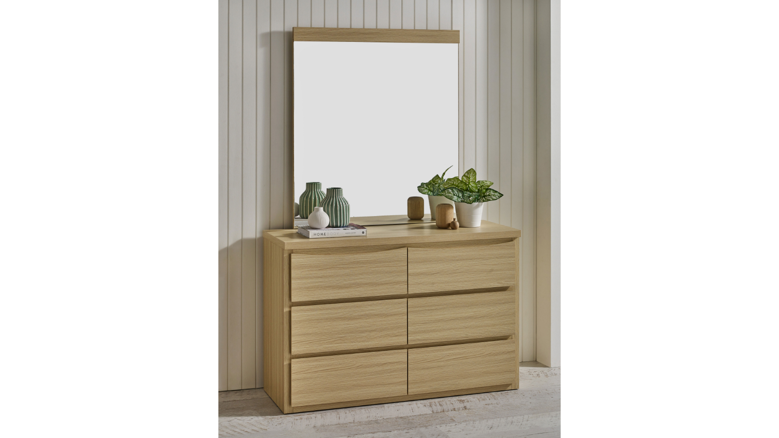 Pianca 6-Drawer Alpine Oak Dresser with Mirror