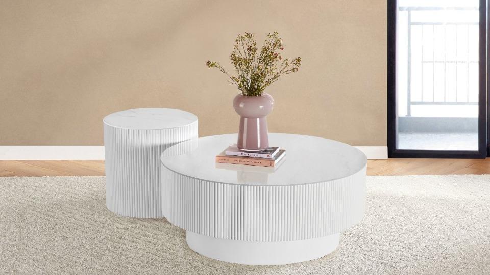 Astra MK2 Coffee and Lamp Table 2-Piece Set with Sintered Stone Top - White