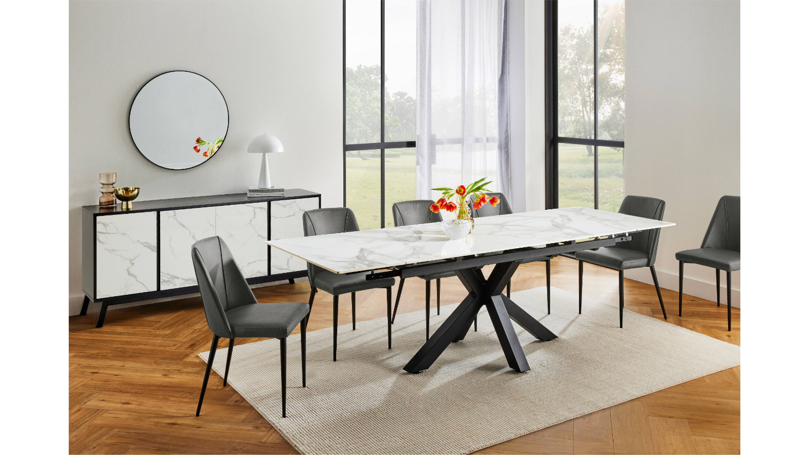 Starla 7-Piece Extension Dining Table Set with Cosmo Grey PU Dining Chairs