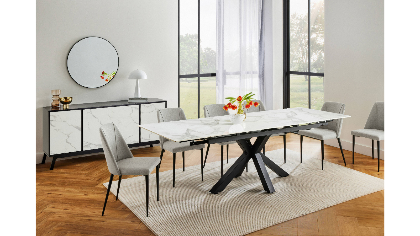 Starla 7-Piece Extension Dining Table Set with Cosmo Light Grey Fabric Dining Chairs