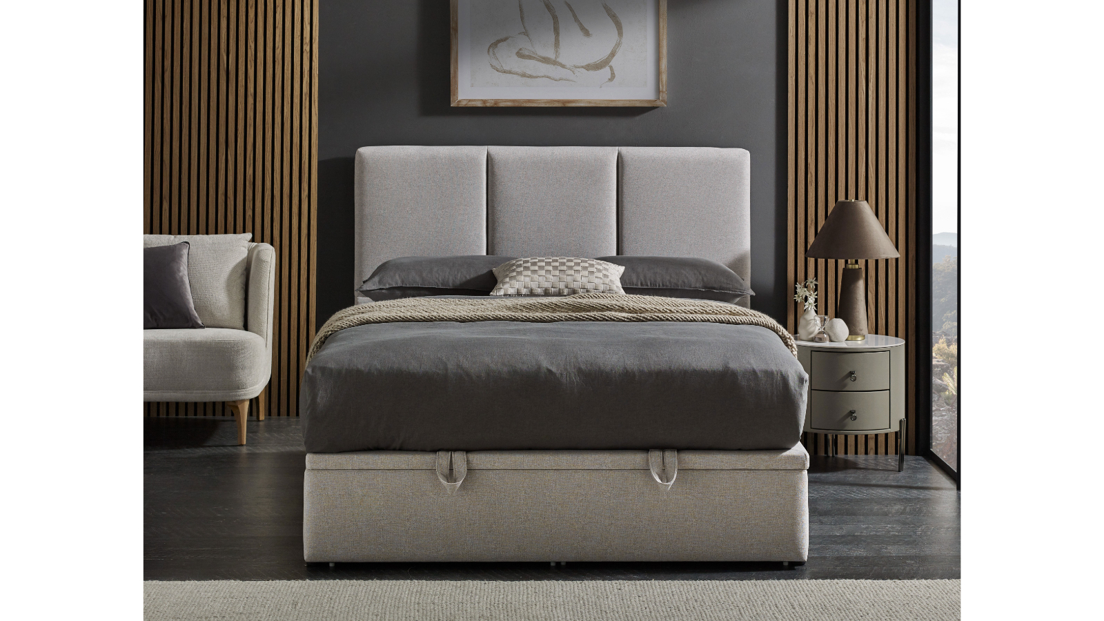 Sophie Queen Gaslift Base with Vertical Bedhead - Oyster