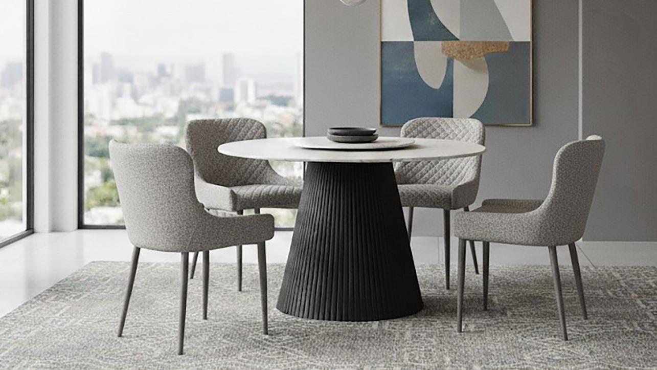 Amiro 5-Piece Dining Table Set with Lazy Susan - Avalon Grey Fabric Dining Chair