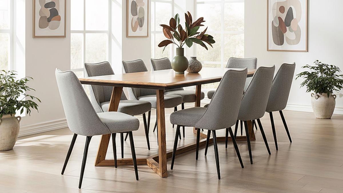 Karridale 9-Piece Dining Table Set with Sahara Grey Fabric Dining Chairs