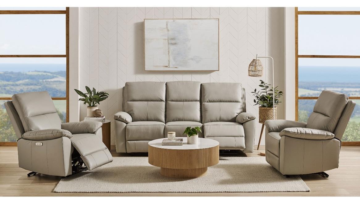 Denmark 3-Piece Leather Powered Recliner Lounge Suite - Light Grey