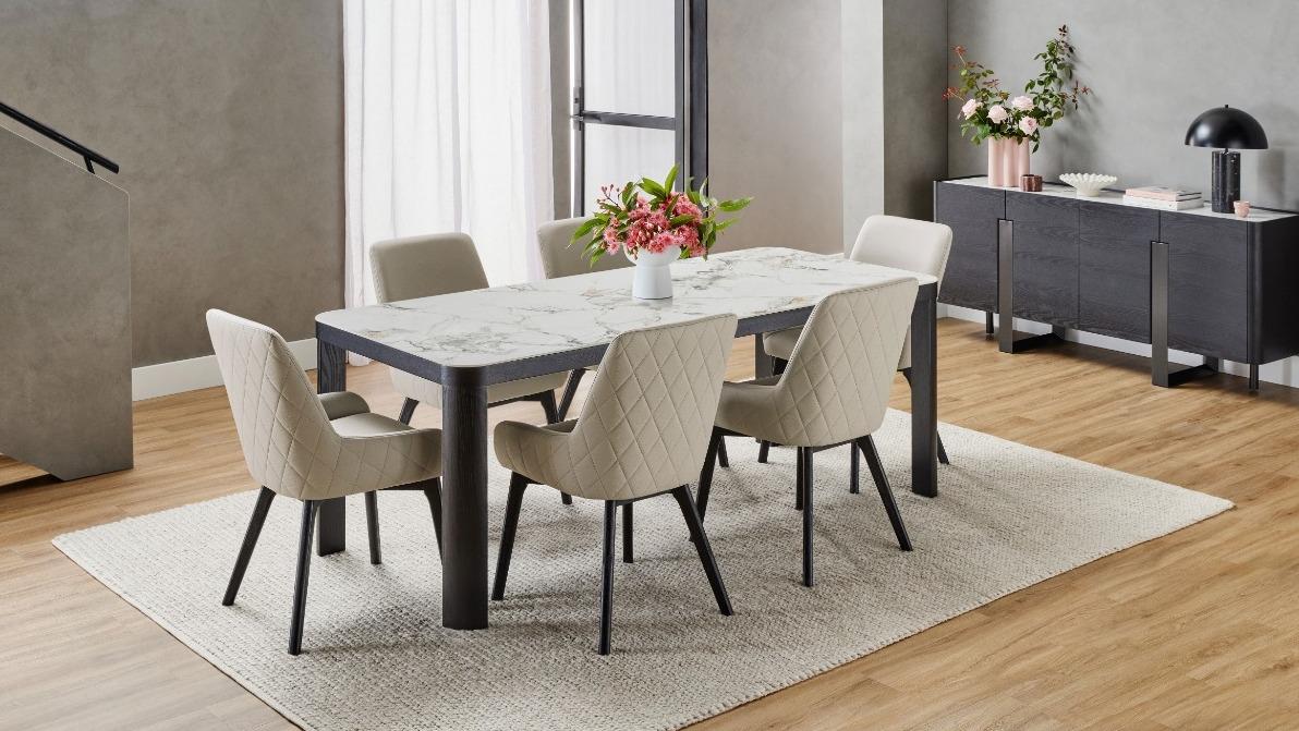 Bianca 7-Piece Black Dining Table Set with Light Grey PU Dining Chairs