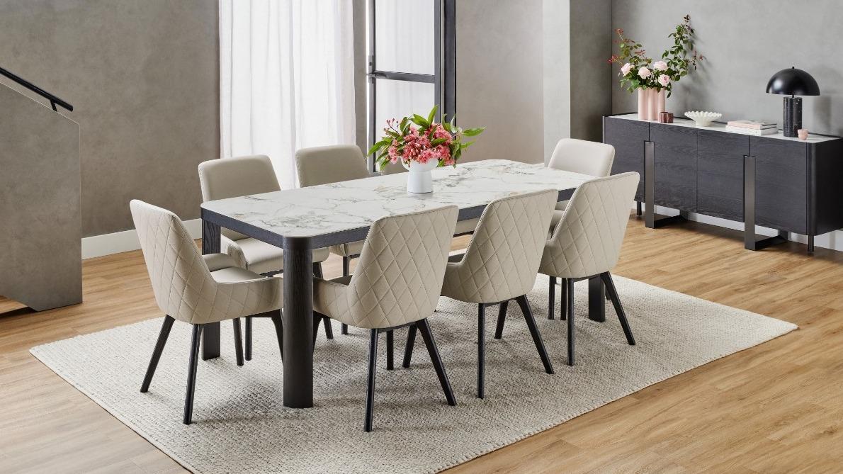 Bianca 9-Piece Black Dining Table Set with Light Grey PU Dining Chairs