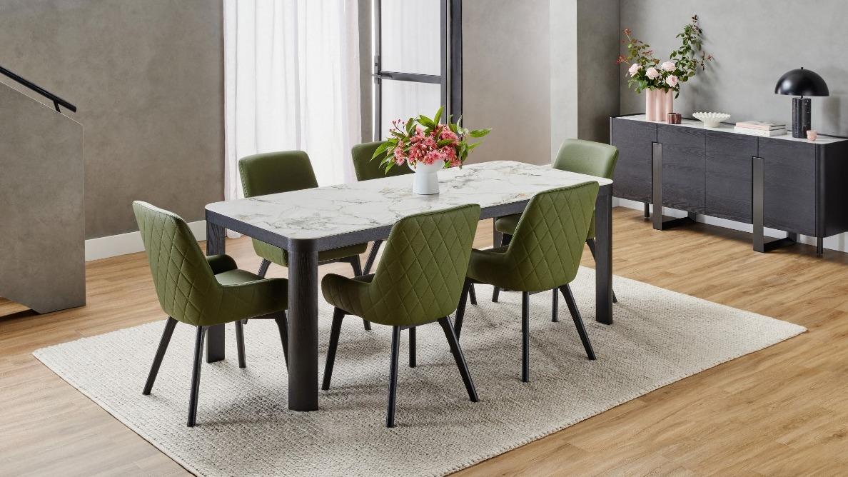 Bianca 7-Piece Black Dining Table Set with Olive Green PU Dining Chairs