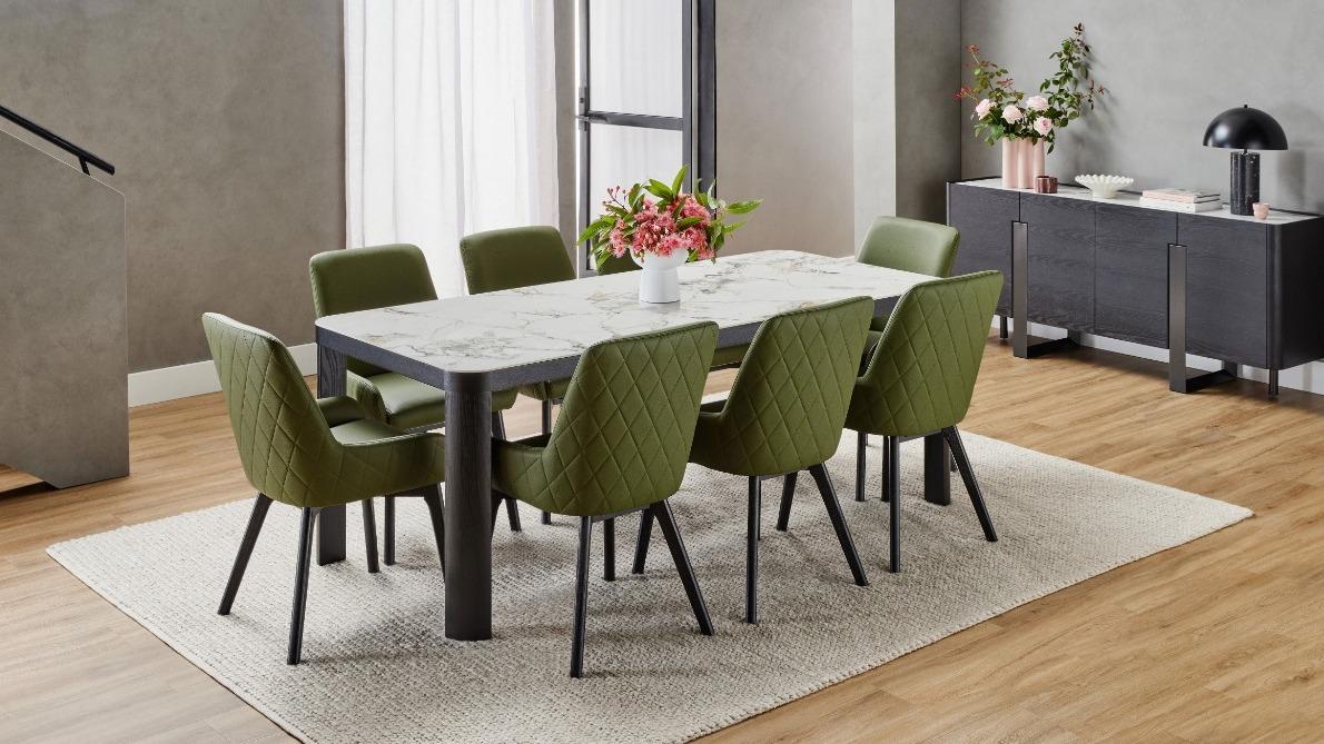 Bianca 9-Piece Black Dining Table Set with Olive Green PU Dining Chairs