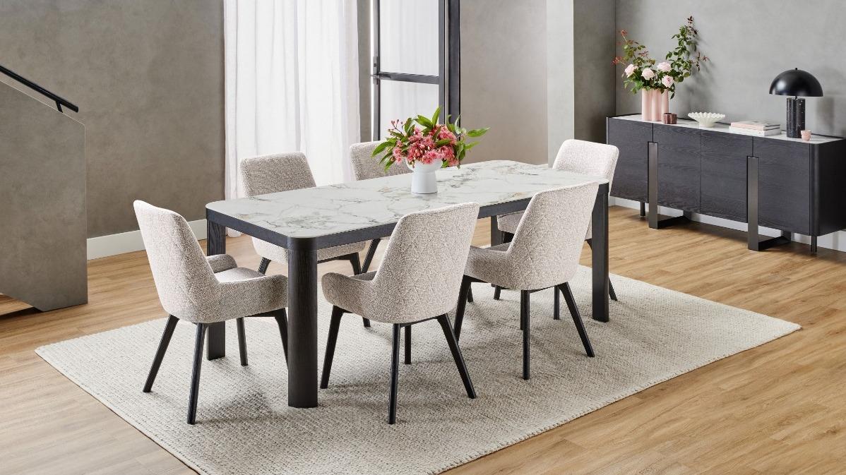 Bianca 7-Piece Black Dining Table Set with Haze Fabric Dining Chairs