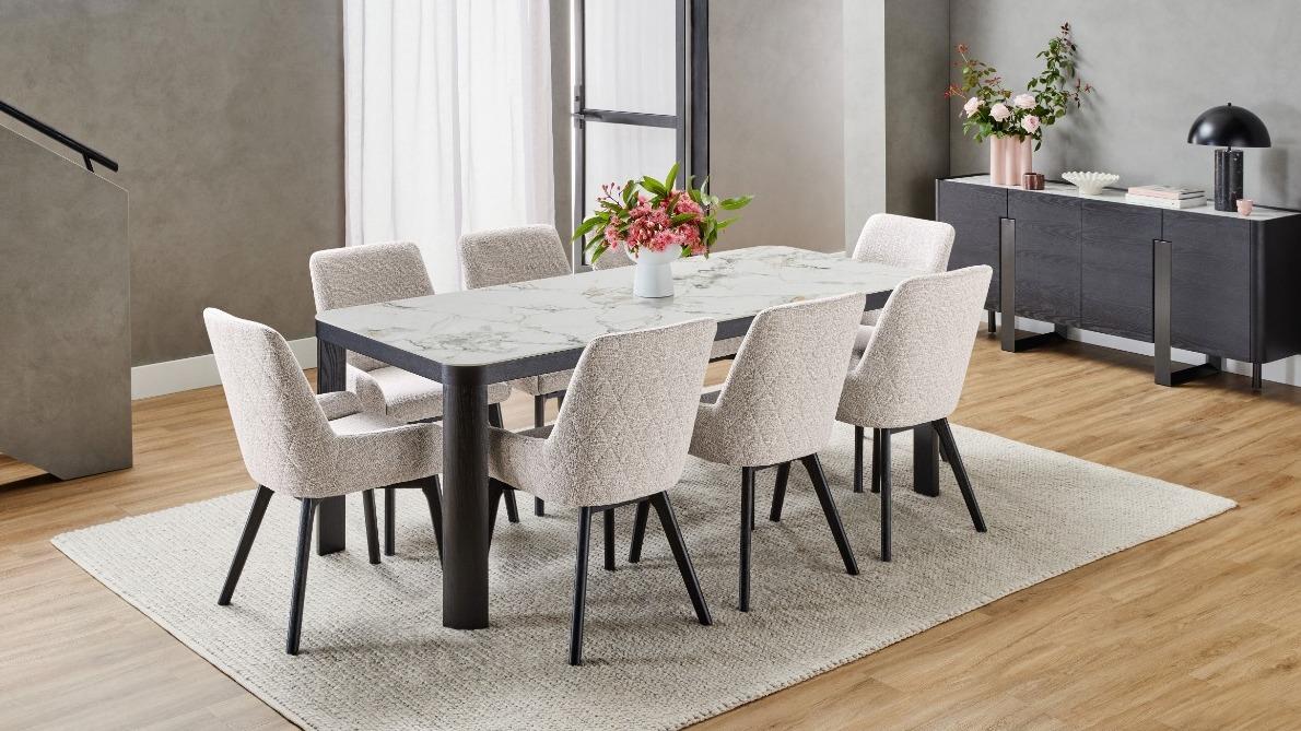Bianca 9-Piece Black Dining Table Set with Haze Fabric Dining Chairs