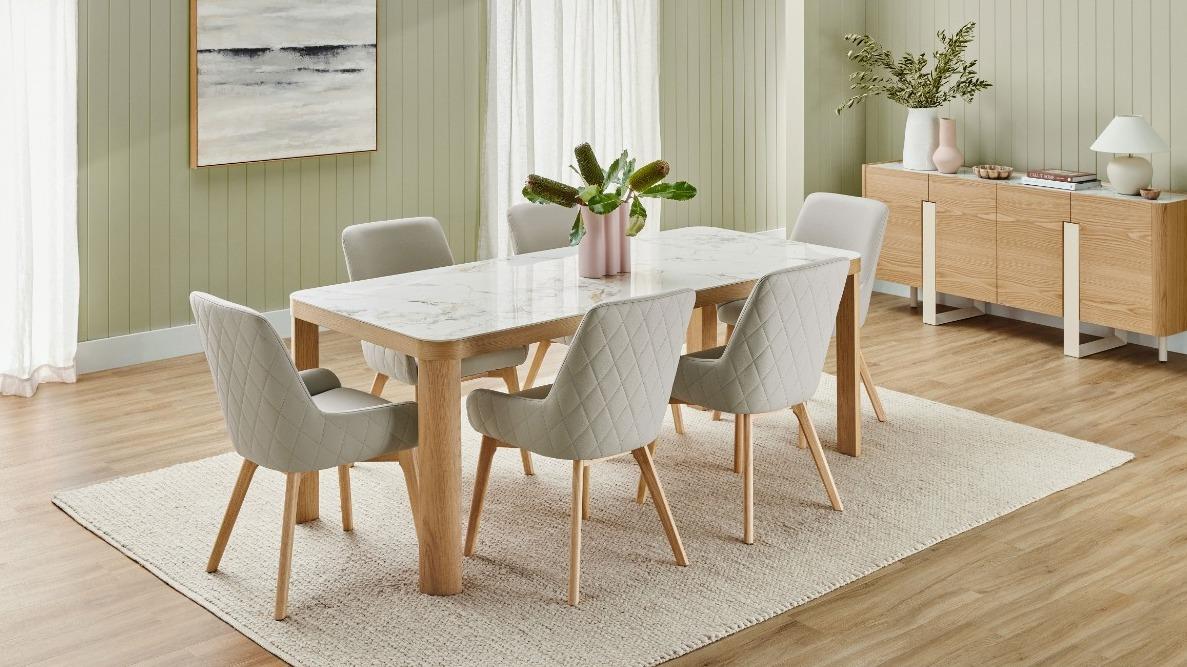 Bianca 7-Piece Natural Dining Table Set with Light Grey PU Dining Chairs