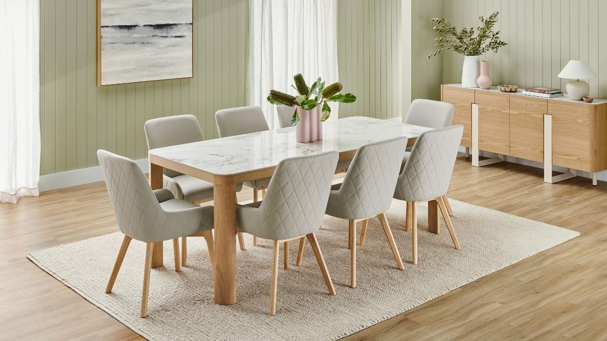 Bianca 9-Piece Natural Dining Table Set with Light Grey PU Dining Chairs