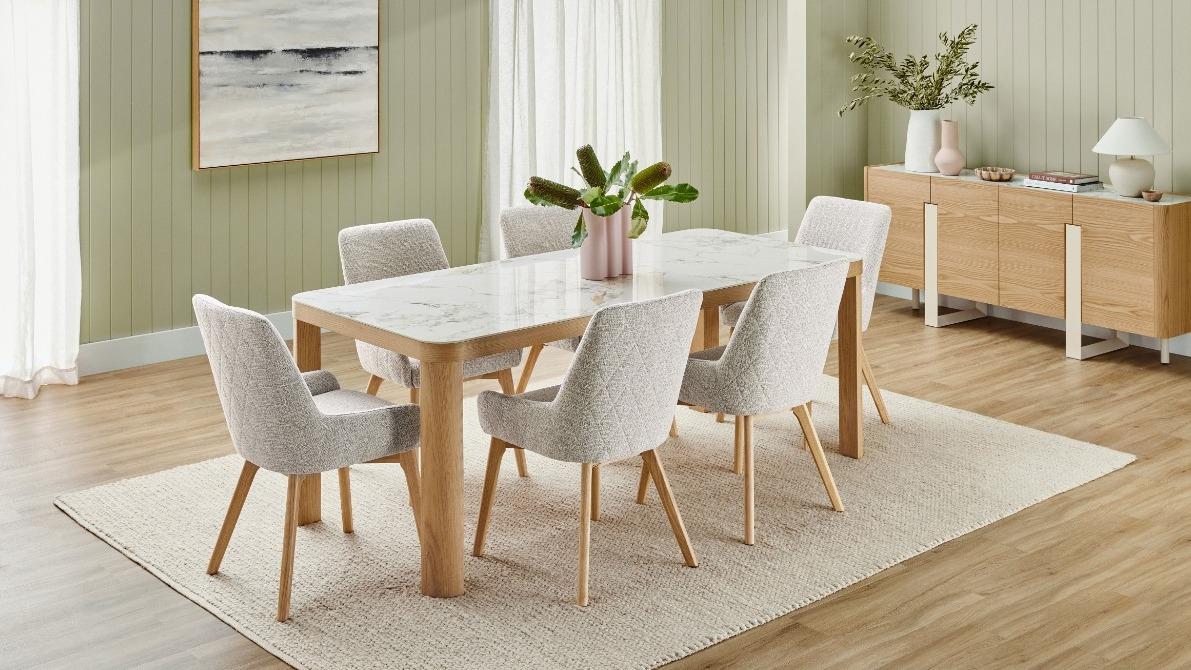 Bianca 7-Piece Natural Dining Table Set with Haze Fabric Dining Chairs