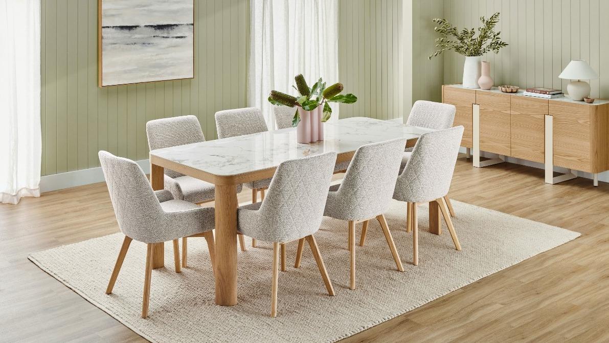Bianca 9-Piece Natural Dining Table Set with Haze Fabric Dining Chairs