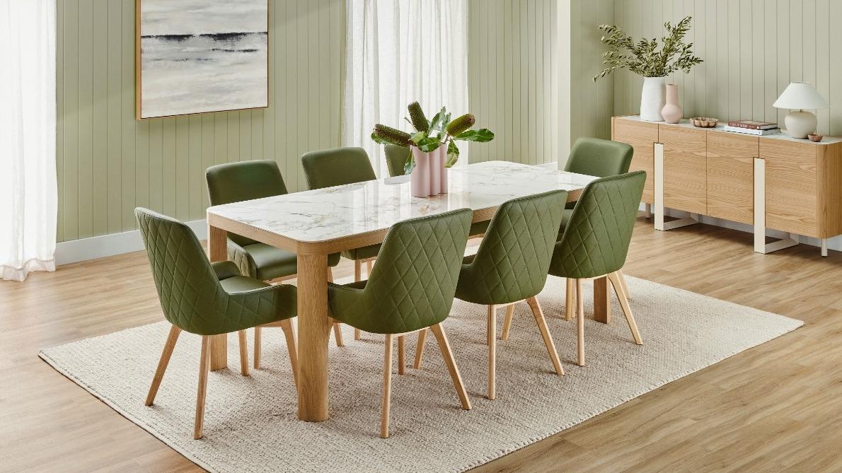 Bianca 9-Piece Natural Dining Table Set with Olive Green PU Dining Chairs
