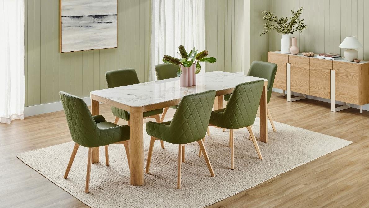 Bianca 7-Piece Natural Dining Table Set with Olive Green PU Dining Chairs
