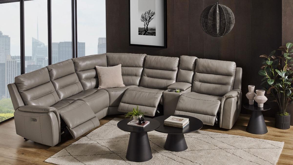 Myoca 5-Seater Leather Modular Recliner Sofa with Console – Slate