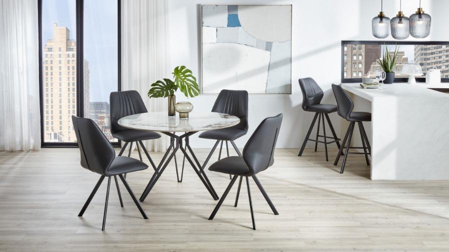 Orbit 5-Piece Dining Table Set with Black PU Swivel Dining Chairs