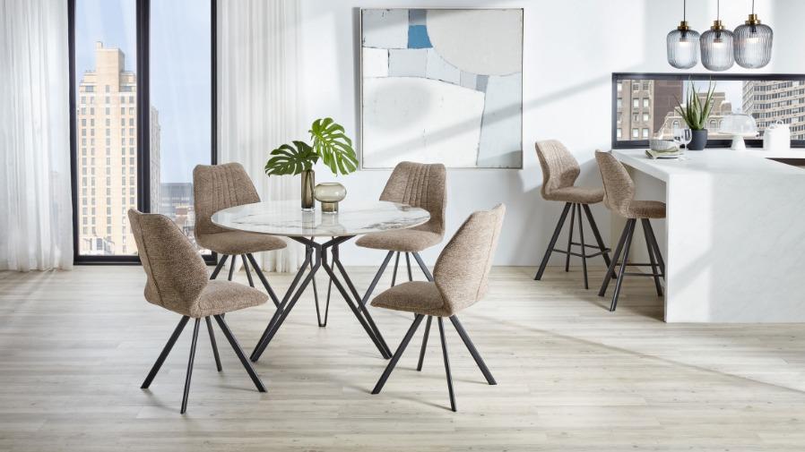 Orbit 5-Piece Dining Table Set with Mocha Fabric Swivel Dining Chairs