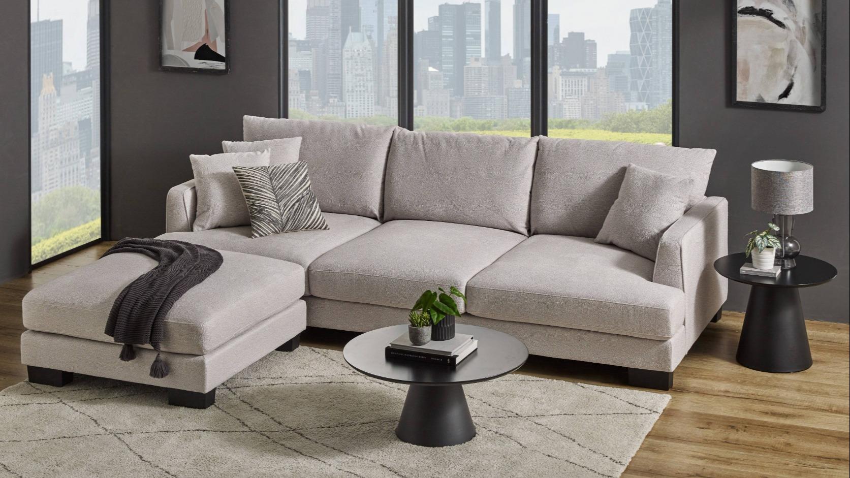 Dayton 3-Seater Fabric Sofa with Small Ottoman - Oyster