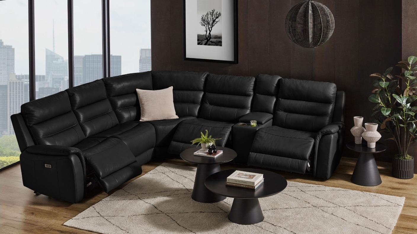 Myoca 5-Seater Leather Modular Recliner Sofa with Console - Licorice