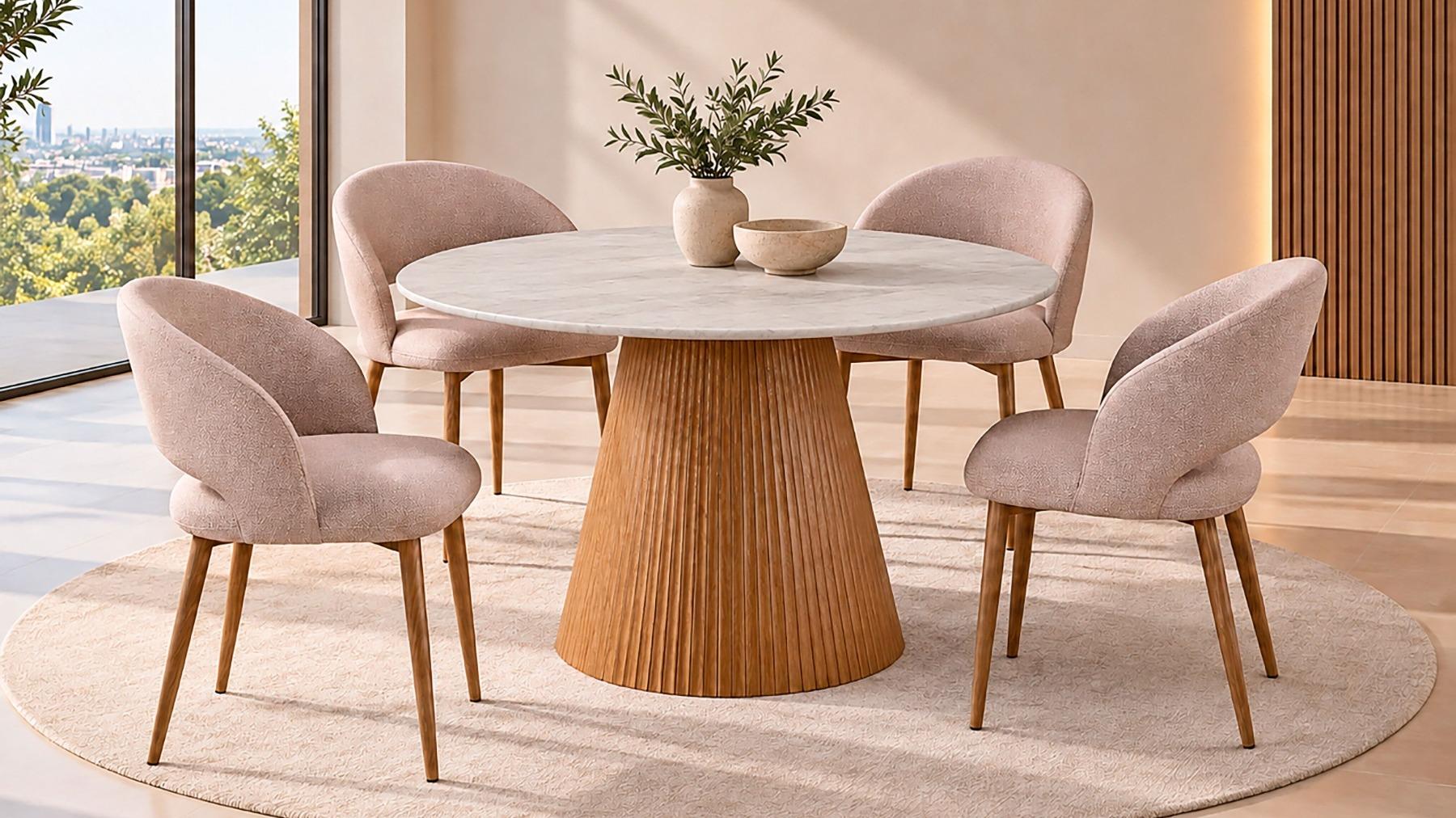 Amiro Natural 5-Piece Dining Table Set with Fabric Dining Chair - Fawn 