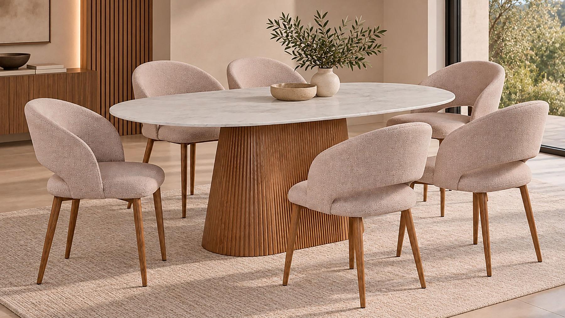 Amiro Natural 7-Piece Dining Table Set with Fabric Dining Chair - Fawn