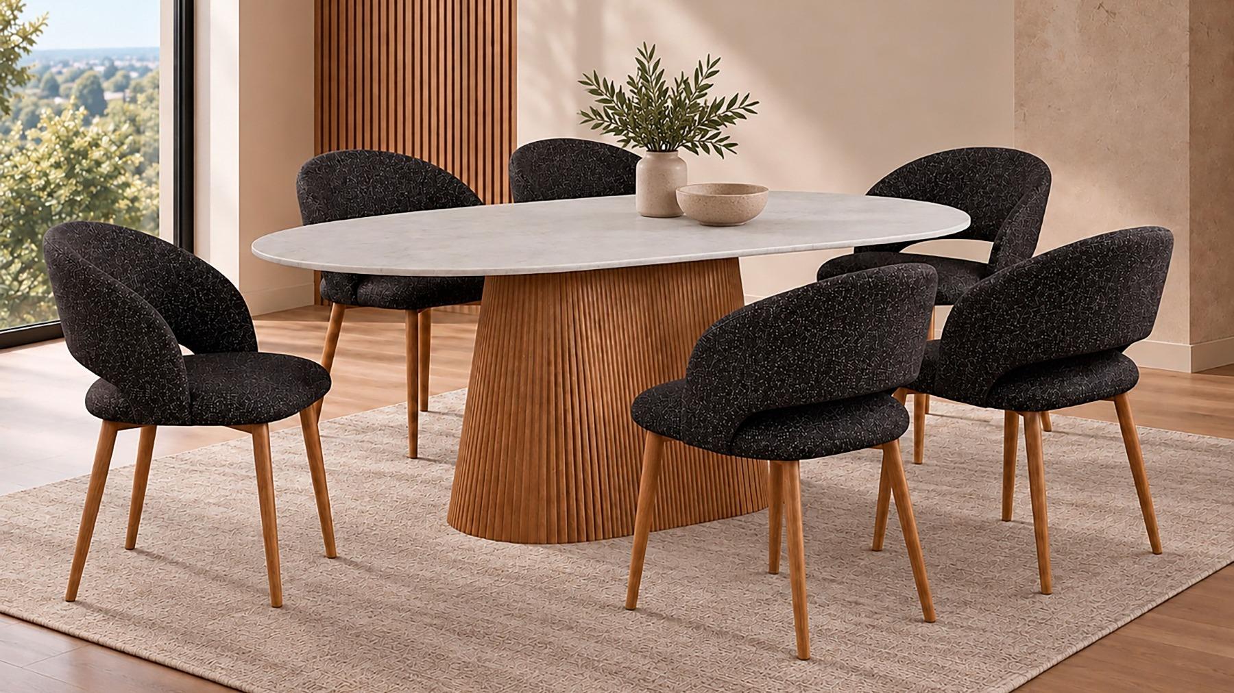Amiro Natural 7-Piece Dining Table Set with Fabric Dining Chair - Graphite
