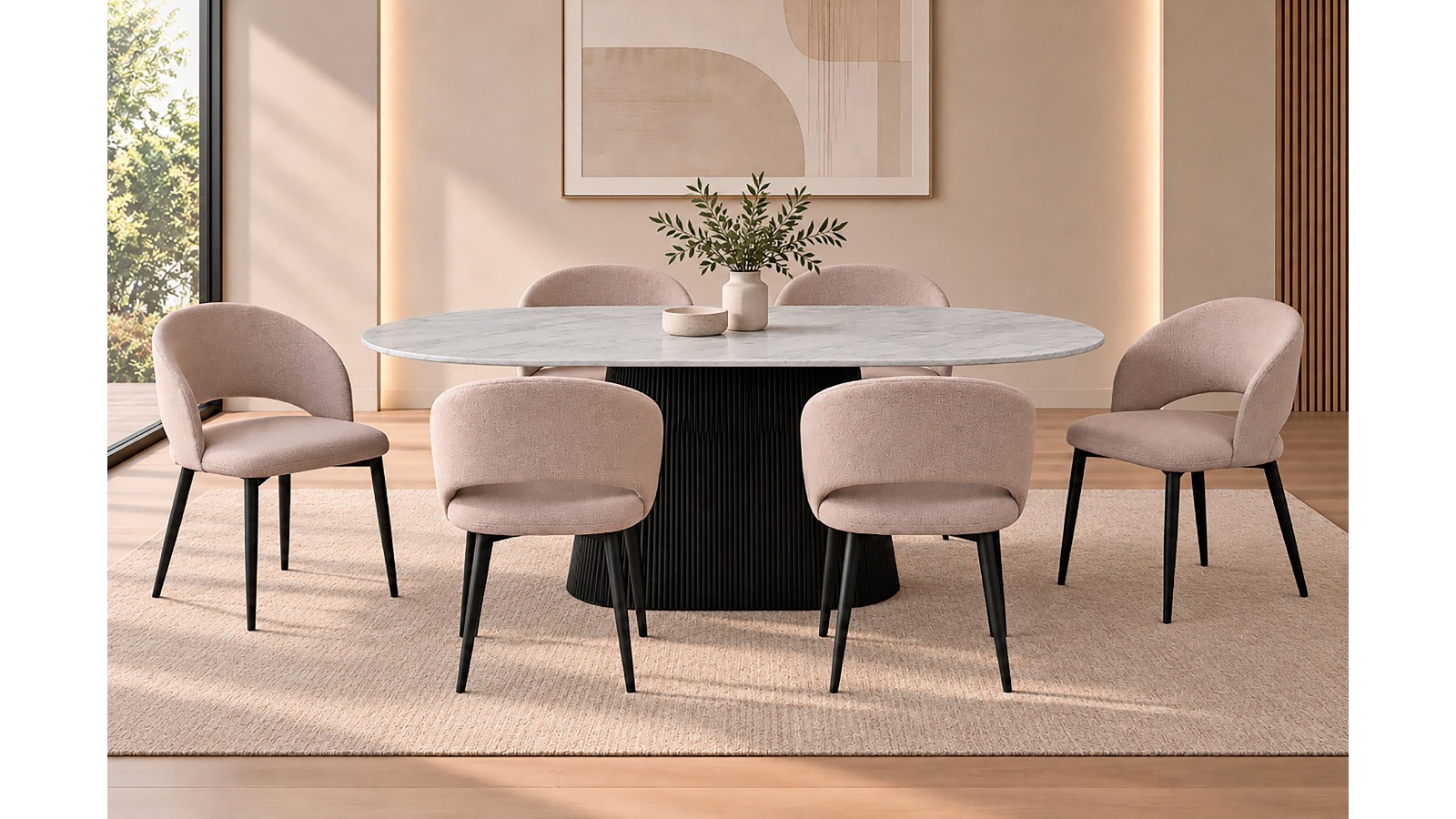 Amiro Black 7-Piece Dining Table Set with Fabric Dining Chair - Fawn 