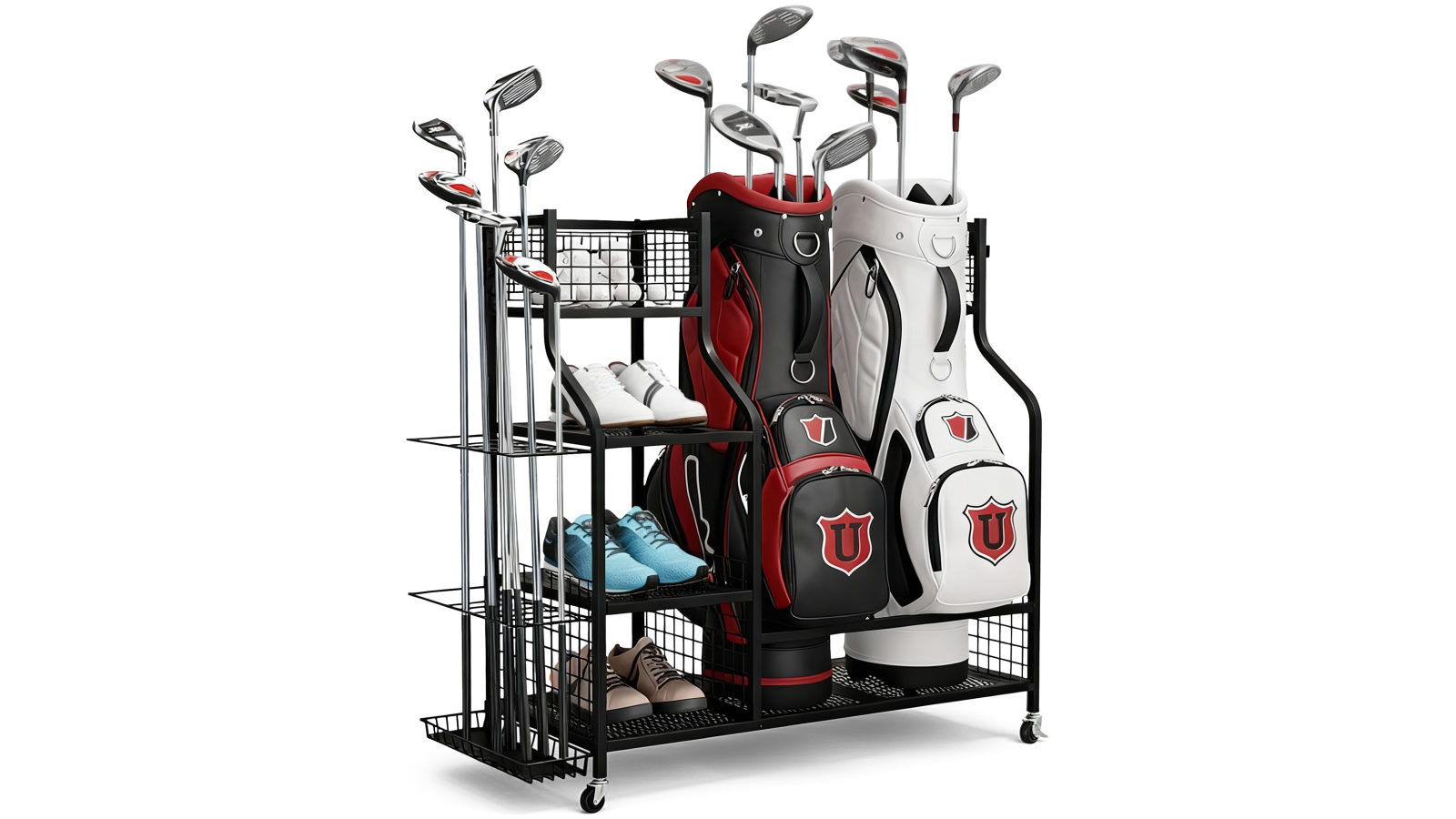 Everfit Golf Bag Storage Golf Storage Garage Organizer with Wheels - Black