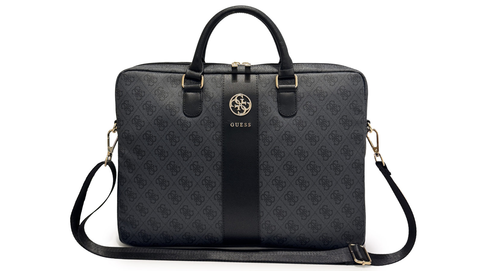 Guess 4G PU Leather 16-inch Laptop Bag with Metal Logo - Black