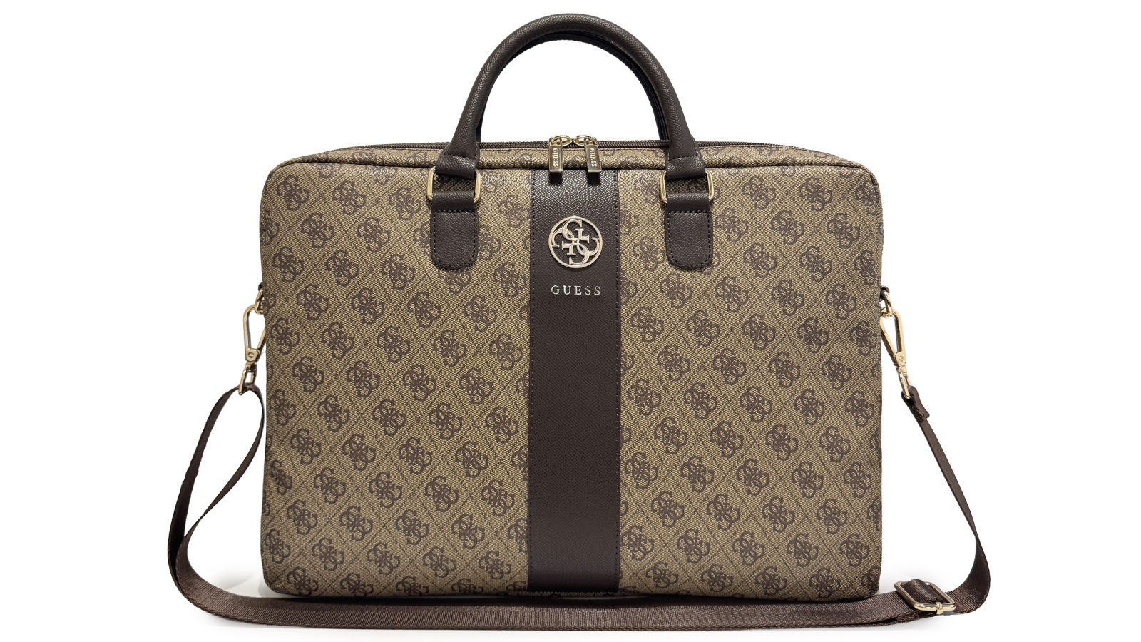 Guess 4G PU Leather 16-inch Laptop Bag with Metal Logo - Brown
