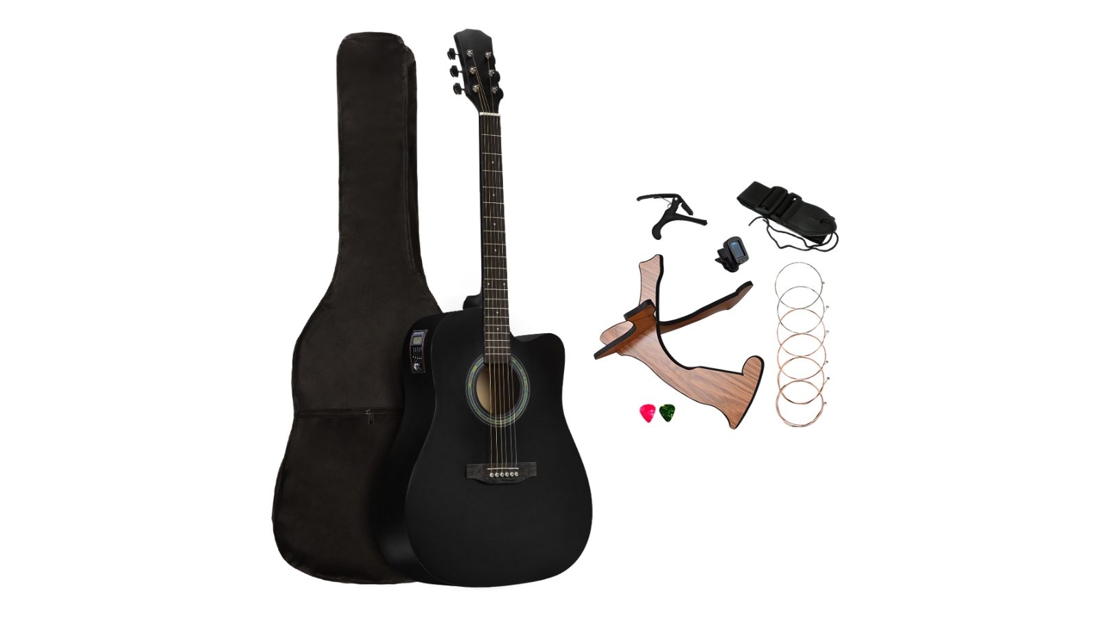 INT 41inch Wooden Acoustic Guitar Full Size EQ Capo Gig Bag Black
