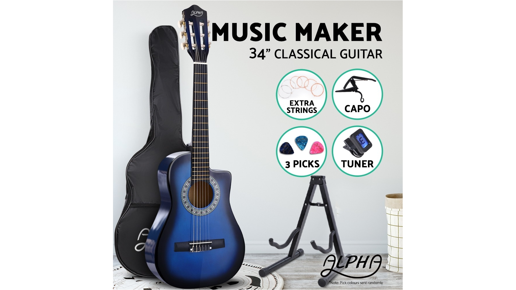 Alpha 34inch Child Acoustic Guitar + Capo Blue Harvey Norman