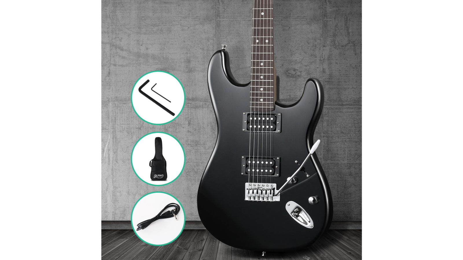 Alpha Electric Guitar Music String Instrument Rock Black Carry Bag Steel