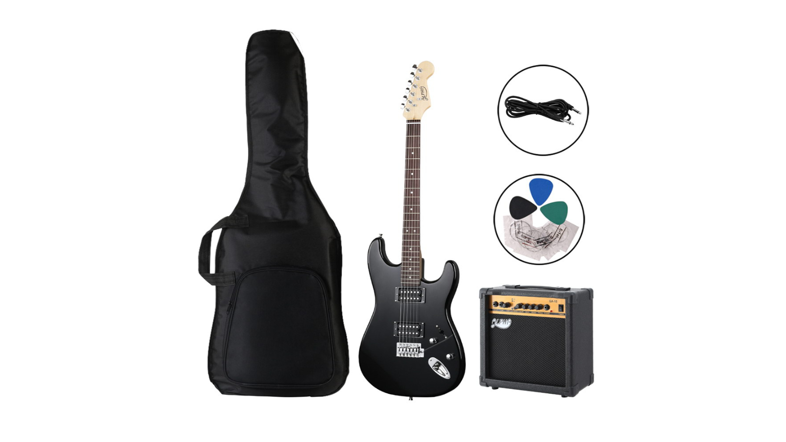 Alpha Electric Guitar with Amplifier Tuner Set - Black