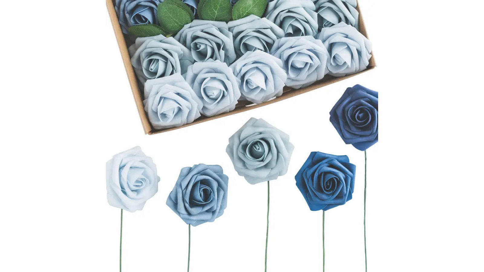 NNETM 25 Piece Five Shades of Blue Soft-Touch Foam Artificial Rose Flower