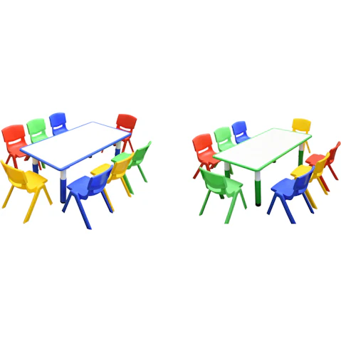 HelloDeal 120 x 60cm Kids Whiteboard Drawing Activity Table and 8 Mixed Chair Set