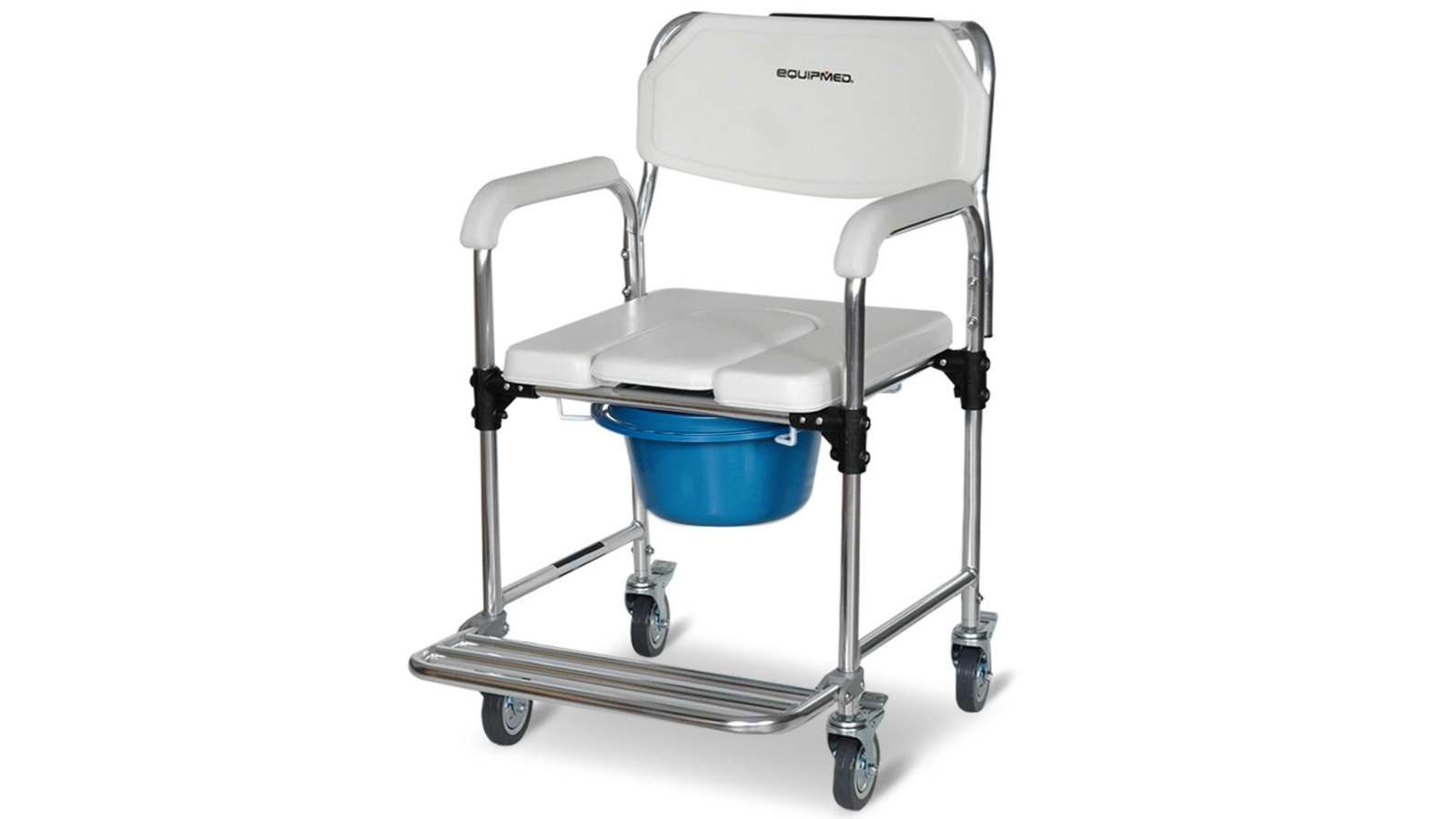 Equipmed Commode Shower Chair with Wheels - White/Blue