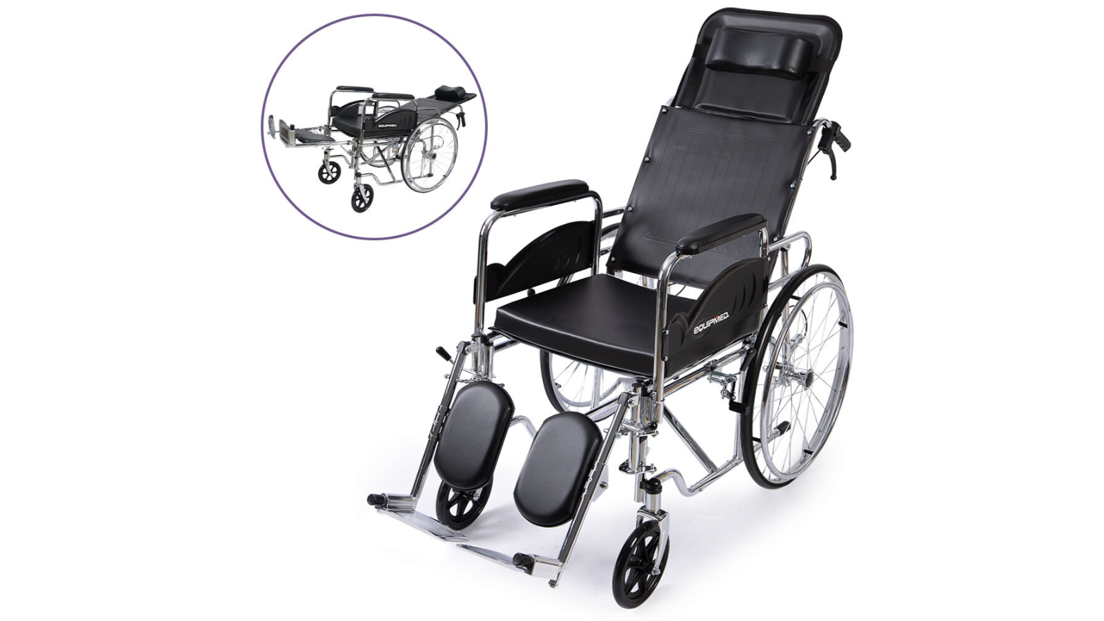 Equipmed 100kg Capacity Chrome Steel Frame Folding Reclining Wheelchair