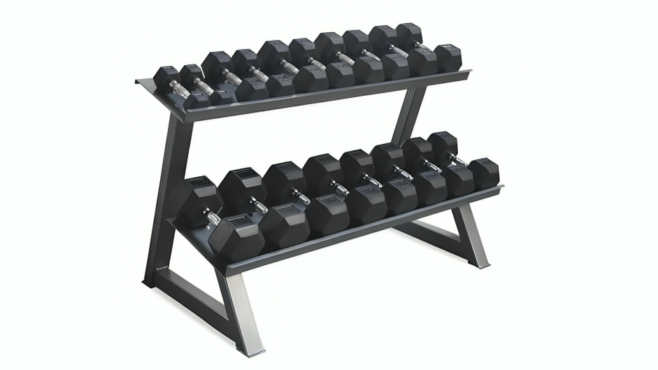 Sweat Central Rubber Hex Dumbbells and 2-Tier Storage Rack - Package of ...