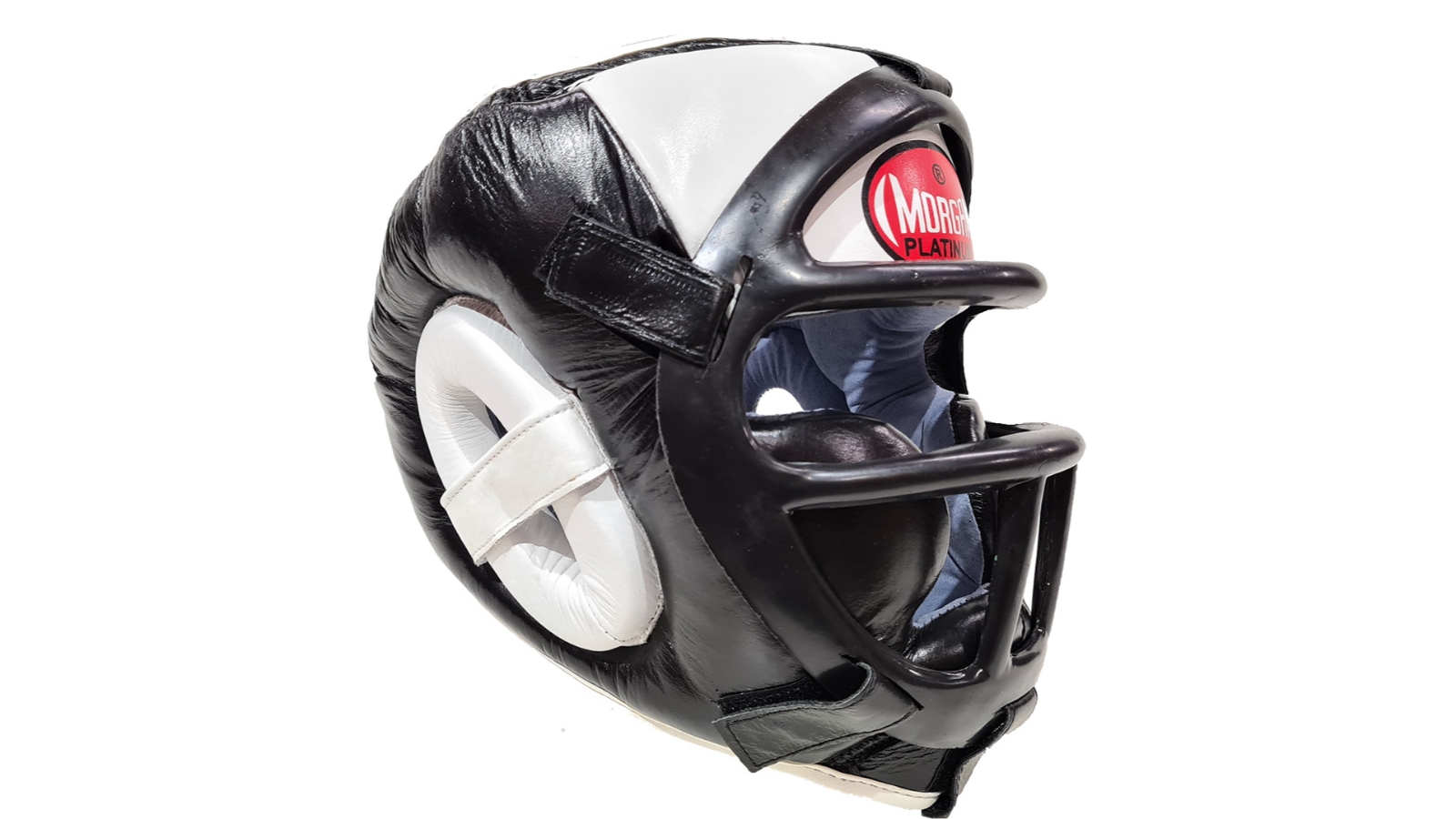 Morgan Sports Black/White Morgan Leather Head Guard With ABX Plastic Removable Grill - Medium