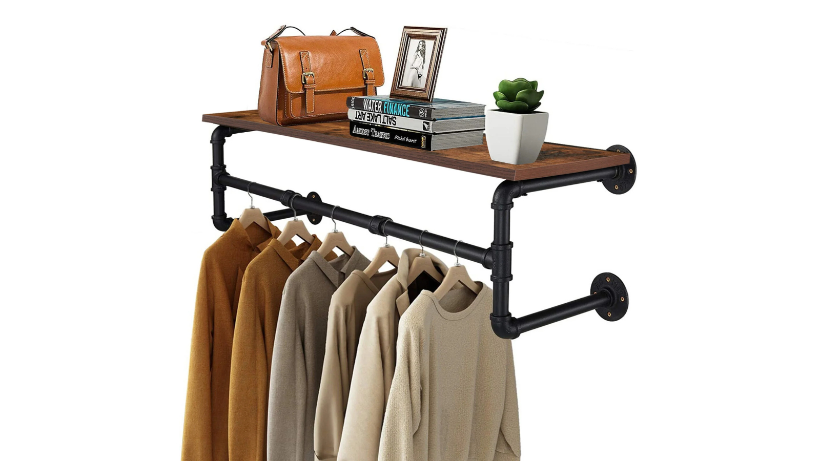 Pretty & Practical Industrial Pipe Wall Mounted Garment Rack with Top Shelf