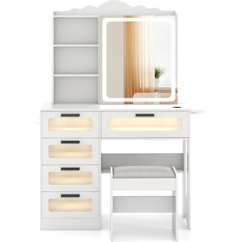 Costway Makeup Table Set with LED Light Mirror and Stool - White