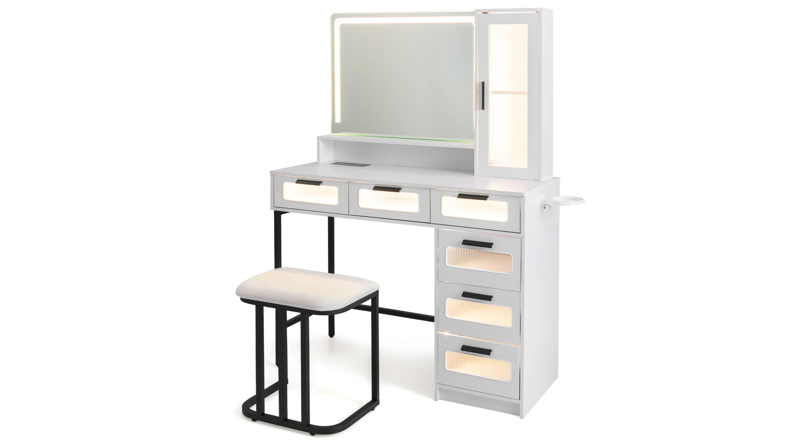 Costway LED Makeup Vanity Table Set with Power Outlet and Stool - White