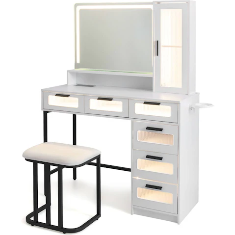 Costway LED Makeup Vanity Table Set with Power Outlet and Stool - White