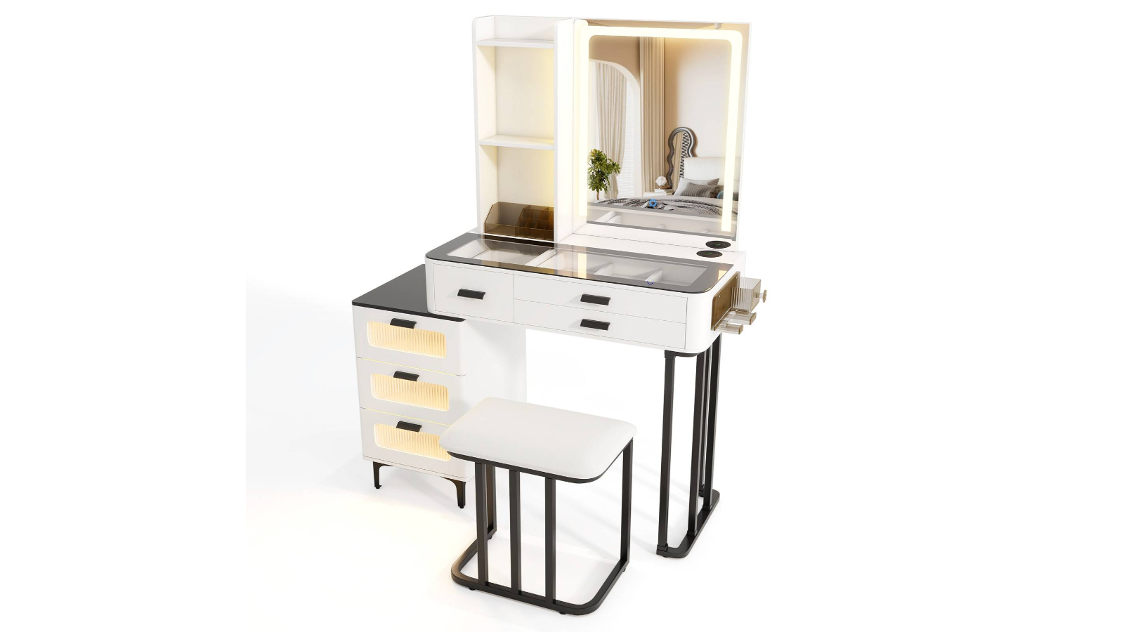 Costway Metal Makeup LED Mirror Table Set with Power Outlet and Stool - White
