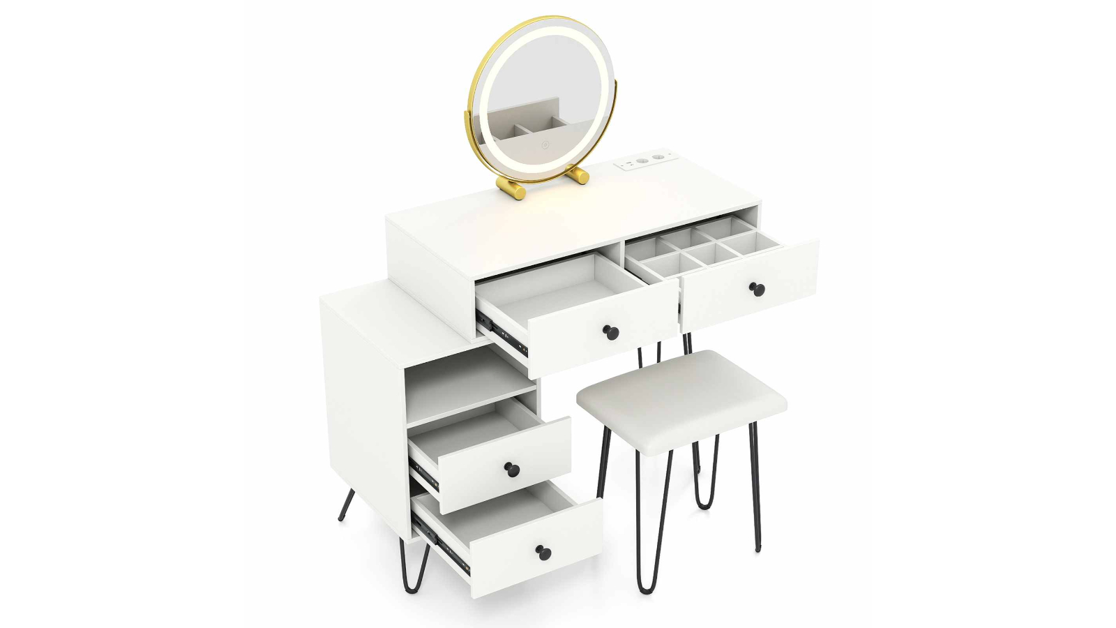 Costway 4-Drawer Rotatable Mirror Modern Dressing Table Set with Charging Station