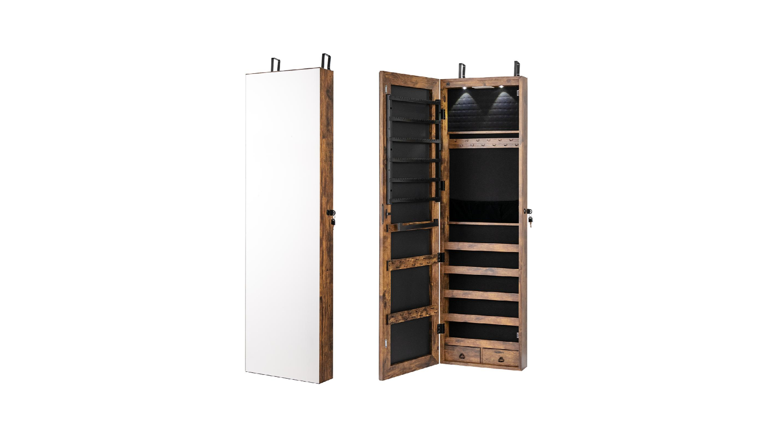 Costway Rustic Brown Mirror Cabinet Jewelry Stroage Organiser with LED Full Length